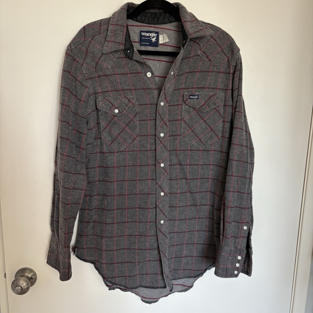 VTG WRANGLER Wrancher Western Flannel Men 16x34 Gray Plaid Pearl Snap Cowboy